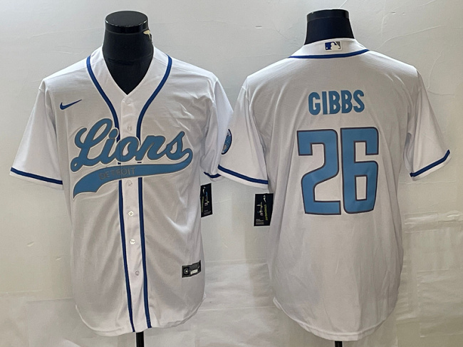 Men's Detroit Lions #26 Jahmyr Gibbs White Cool Base Stitched Baseball Jersey Men's Detroit Lions #26 Jahmyr Gibbs White Cool Base Stitched Baseball Jersey